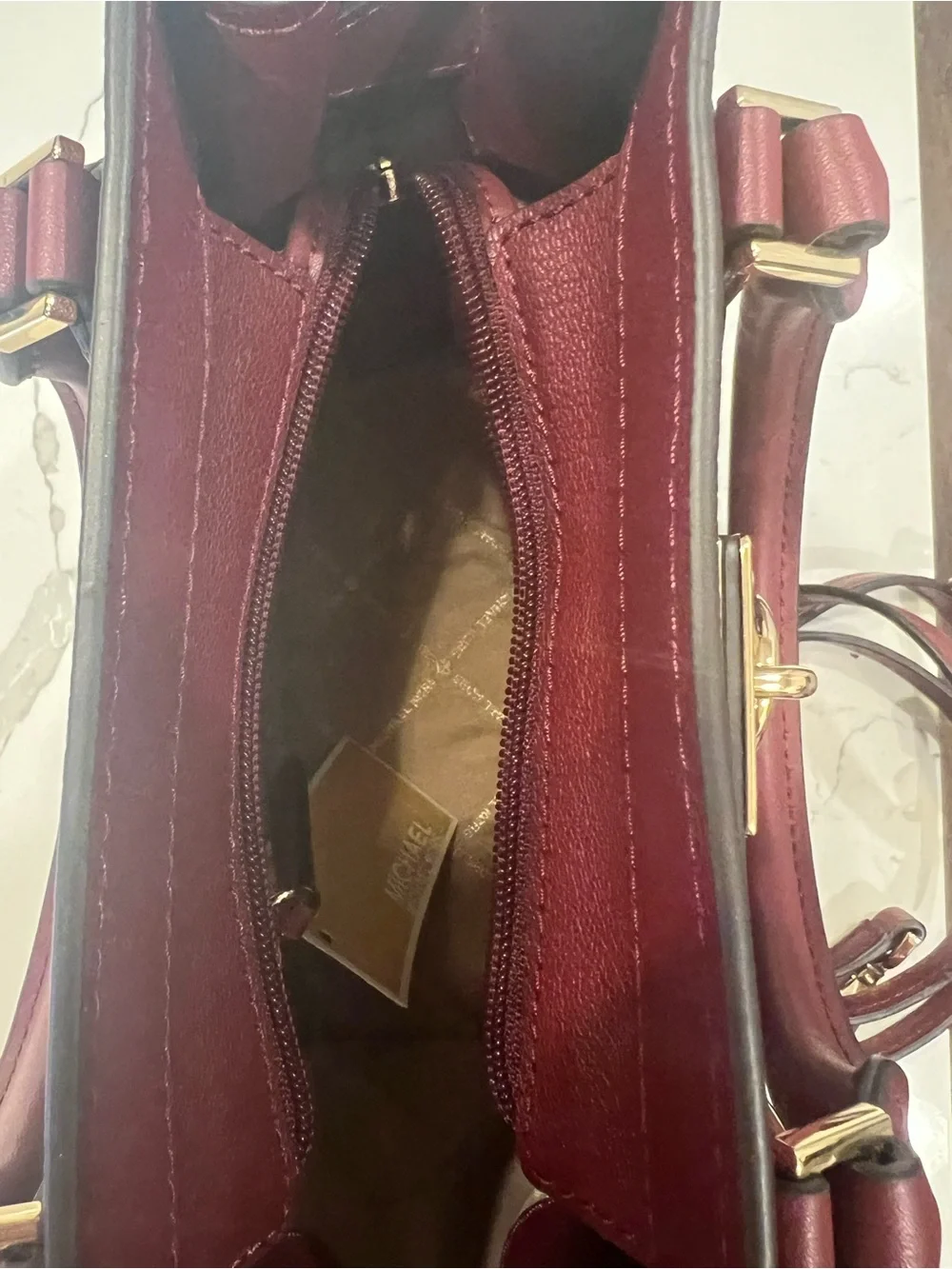 Michael Kors Wine Red Leather Satchel with Gold Hardware